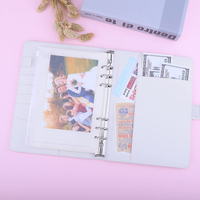 Antner A5 Notebook Photocard Binder 6 Ring Planner Binder for A5 Refill Paper  PU Leather Refillable A5 Budget Binder Loose Leaf Organizer Binder Cover with Magnetic Buckle for Budgeting  White - Image 3